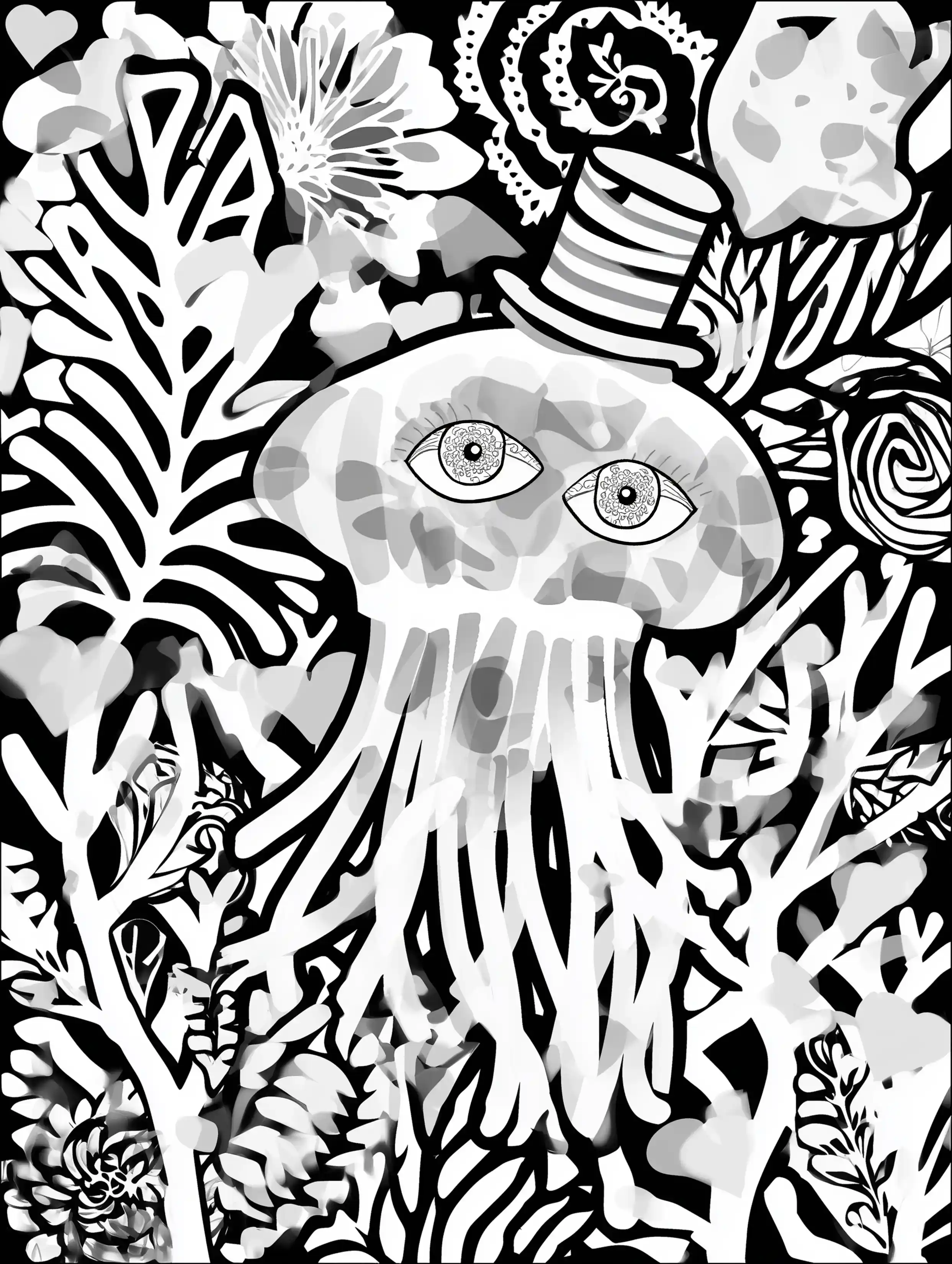 Free printable jellyfish coloring page for adults featuring a whimsical jellyfish wearing a small hat